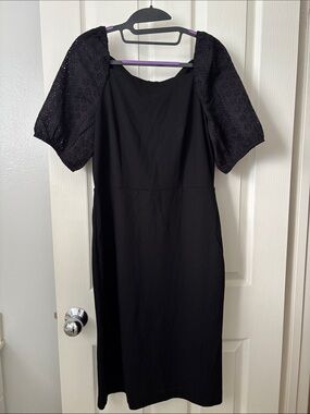 Ann Taylor Factory Black Midi Dress with Eyelet Puff Sleeves